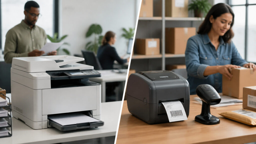 Editorial business scene illustrating office printers and barcode equipment
