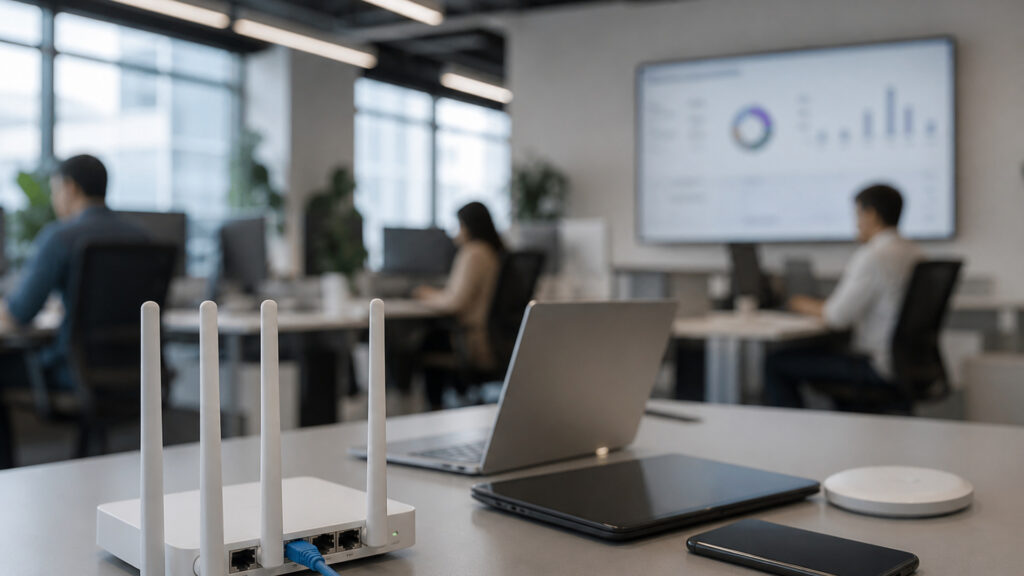 Editorial business scene illustrating office wifi systems and cloud accounting software