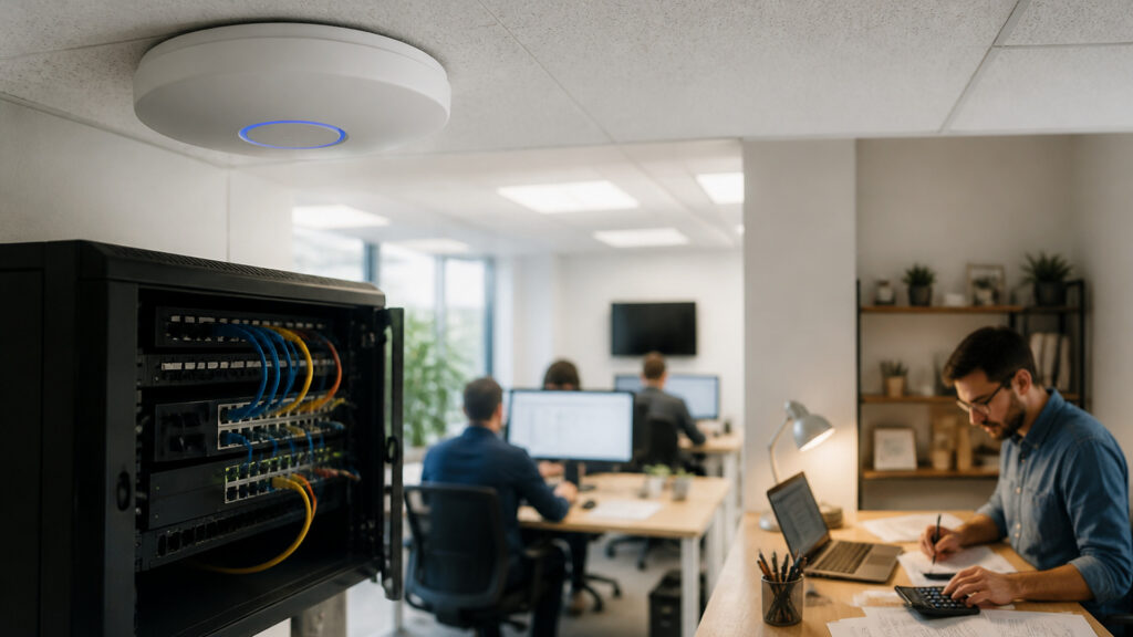 Editorial business scene illustrating office wifi systems and freelancer accounting software