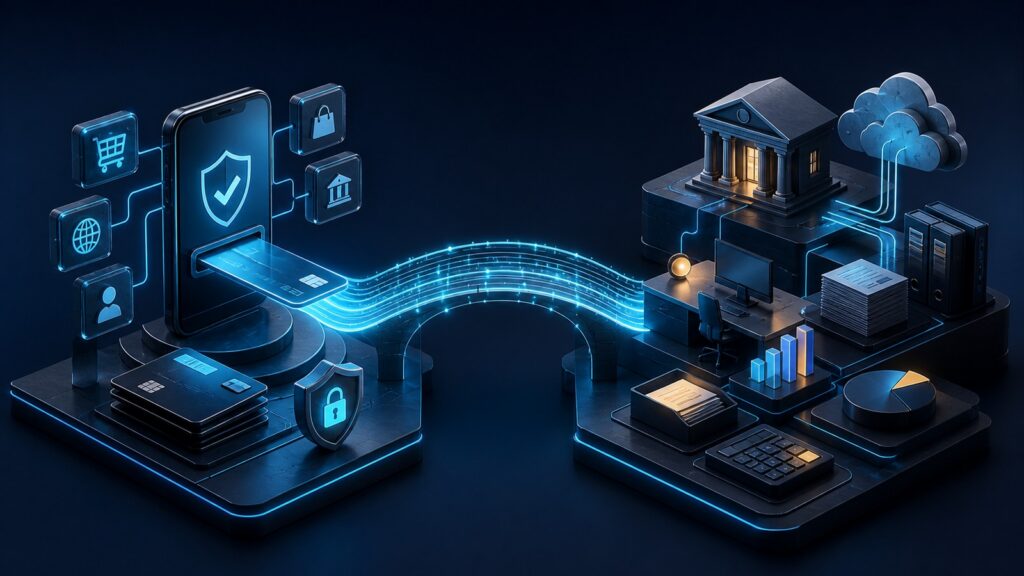 Editorial business scene illustrating online payment gateways and cloud accounting software