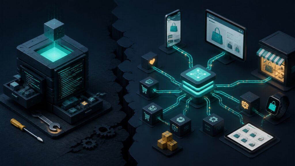Editorial business scene illustrating open source ecommerce platforms and headless ecommerce platforms