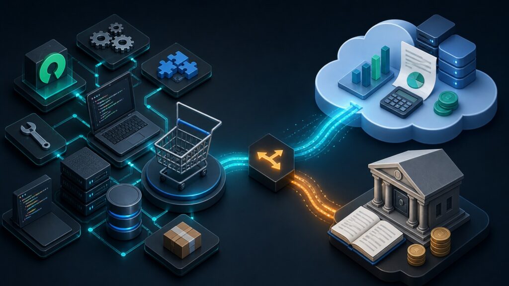 Editorial business scene illustrating open source shopping cart software and cloud accounting software