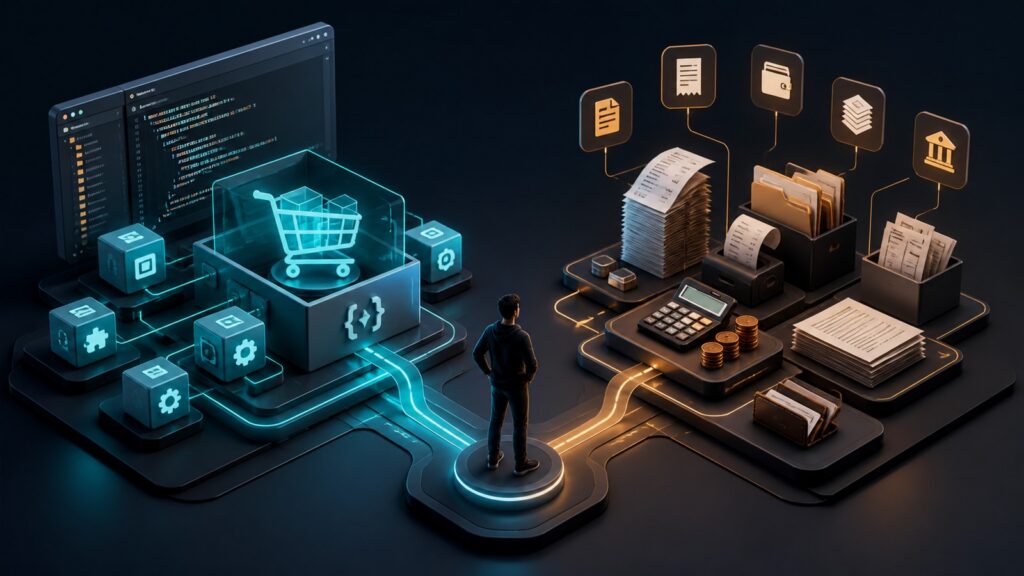 Editorial business scene illustrating open source shopping cart software and freelancer accounting software