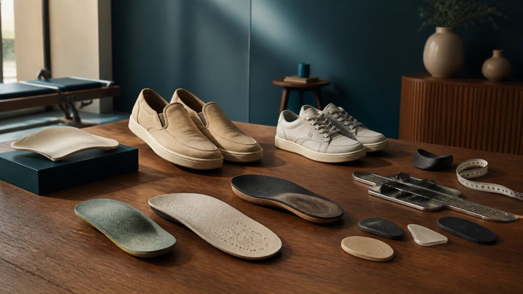 People-free editorial still life illustrating shoe-based foot interface versus task adaptation
