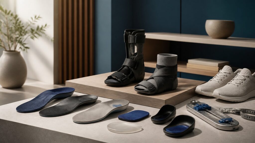 People-free editorial still life illustrating footbed geometry versus joint motion restraint