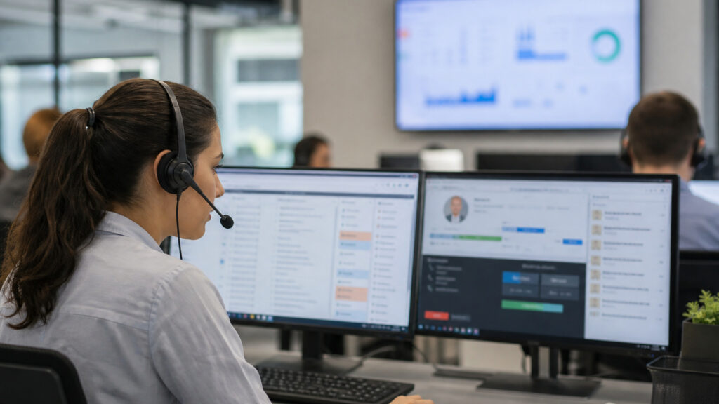 Editorial business scene illustrating outbound call center software and cloud accounting software