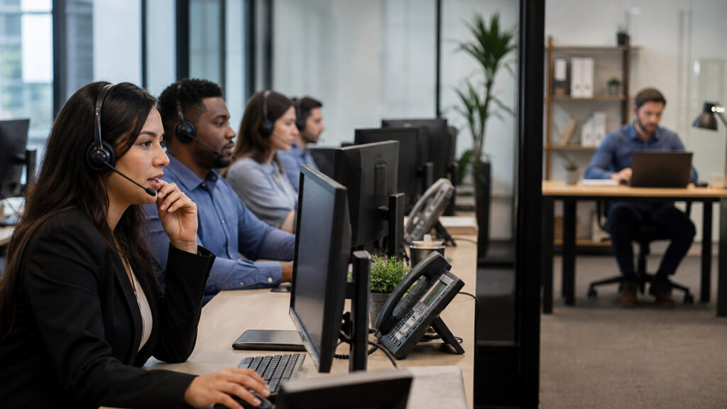Editorial business scene illustrating outbound call center software and freelancer accounting software