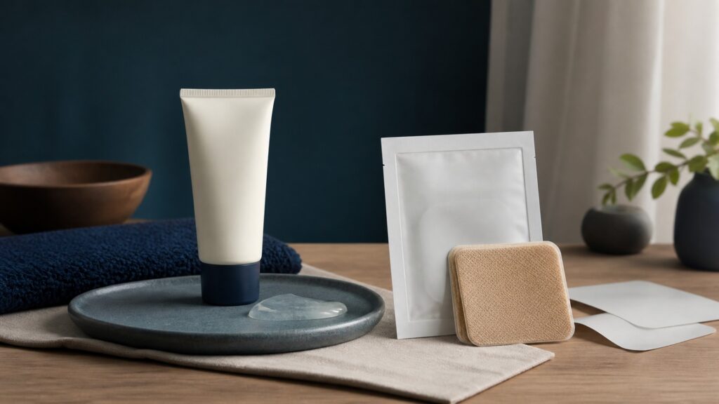 People-free editorial still life illustrating pain relief gels different from pain relief patches