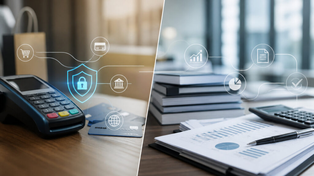 Editorial business scene illustrating payment gateways and accounting software