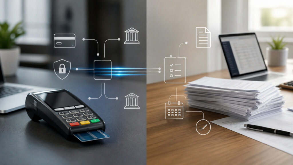 Editorial business scene illustrating payment gateways and invoicing software