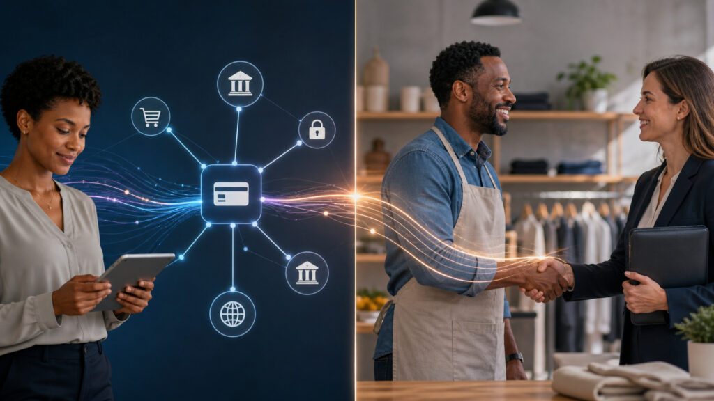 Editorial business scene illustrating payment gateways and merchant accounts