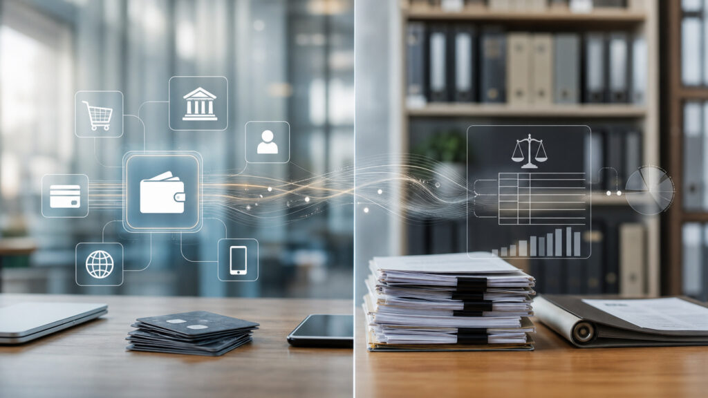 Editorial business scene illustrating payment platforms and accounting software