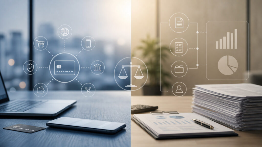 Editorial business scene illustrating payment platforms and invoicing software