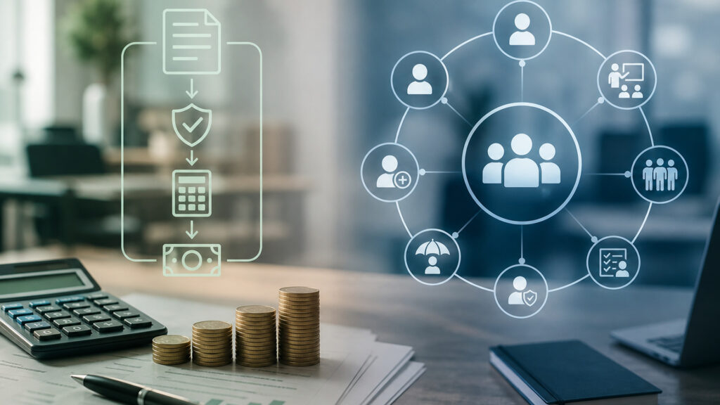 Editorial business scene illustrating payroll software and hr management systems