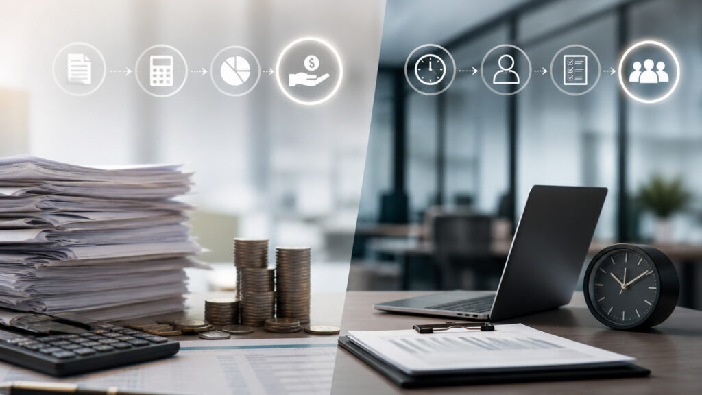 Editorial business scene illustrating payroll software and time tracking software