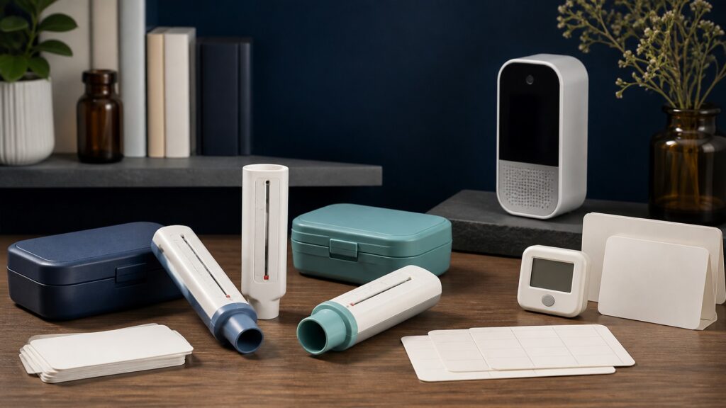 People-free editorial still life illustrating personal airway-flow measurement contrasted with room-environment sensing