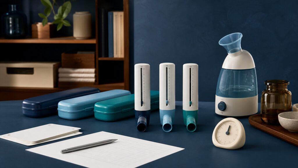 People-free editorial still life illustrating objective expiratory-flow tracking contrasted with subjective humidified-air comfort