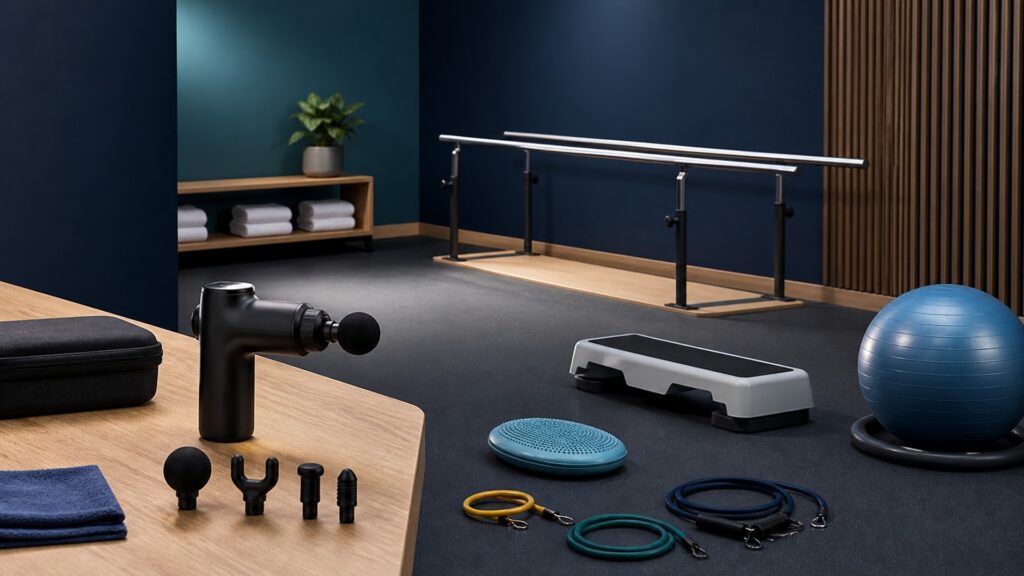 People-free editorial still life illustrating task training versus localized powered stimulation
