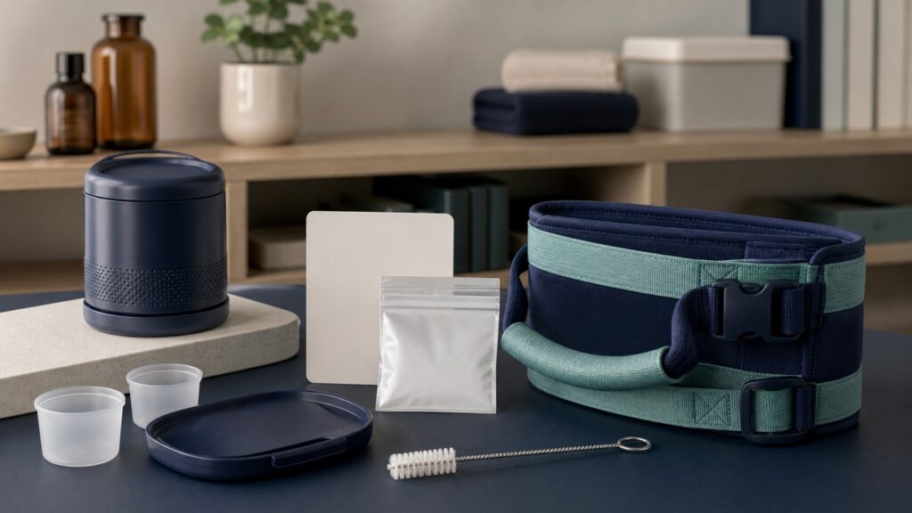 People-free editorial still life illustrating medication-form manipulation contrasted with assisted mobility support
