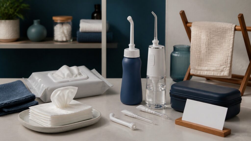 People-free editorial still life illustrating controlled water flow and pat-drying contrasted with disposable premoistened wiping