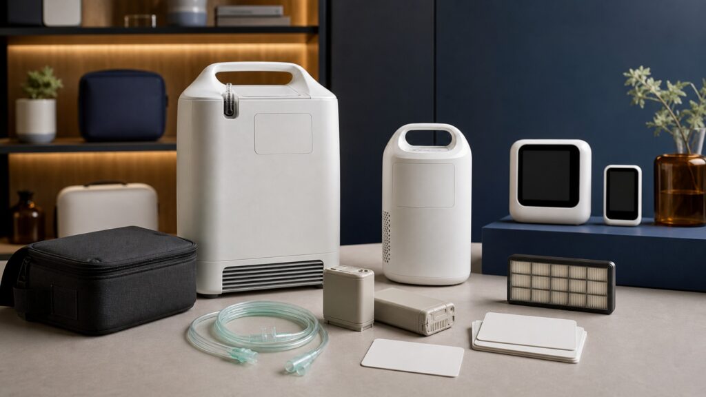 People-free editorial still life illustrating patient oxygen delivery contrasted with environmental pollutant sensing