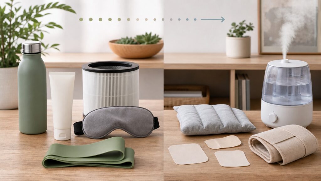 Preventive wellness items contrasted with comfort and symptom-relief products on a clean home table