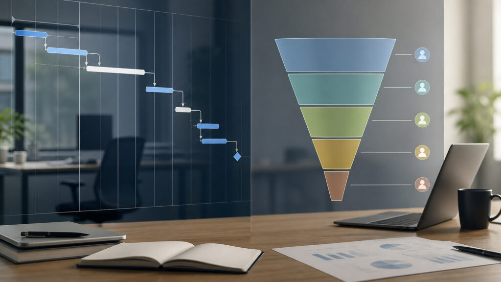 Editorial business scene illustrating project management software and (crm) software