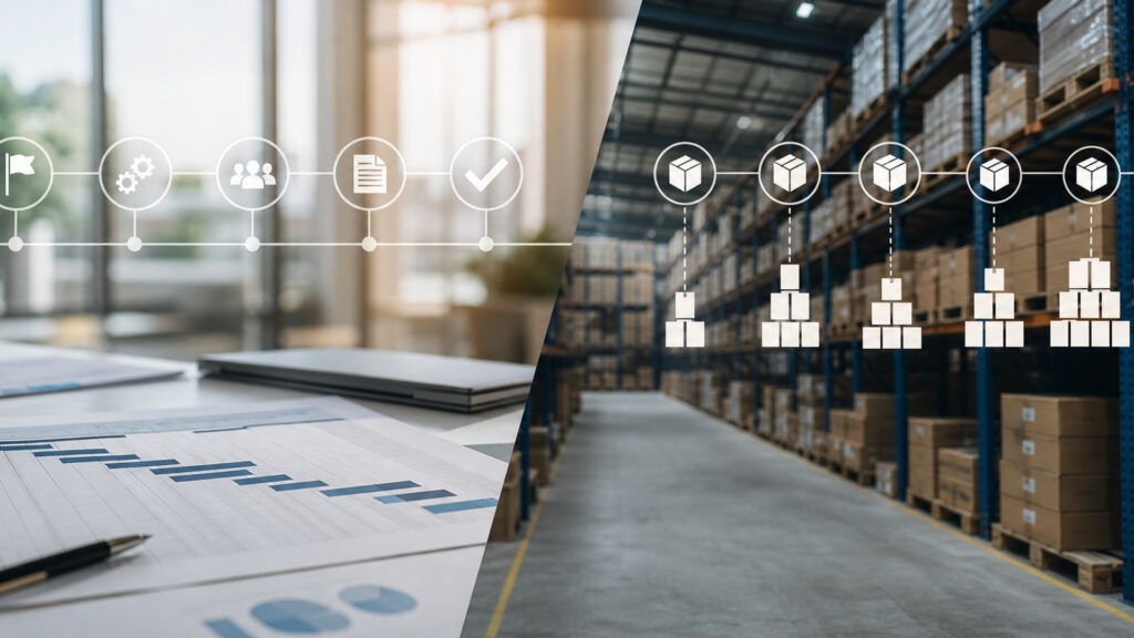 Editorial business scene illustrating project management software and inventory management software