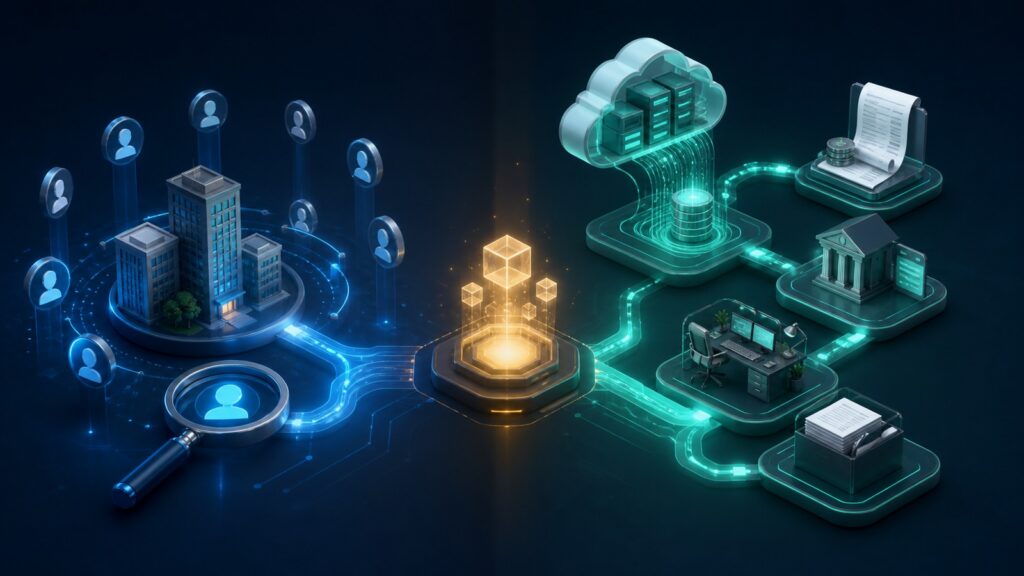 Editorial business scene illustrating prospecting databases and cloud accounting software