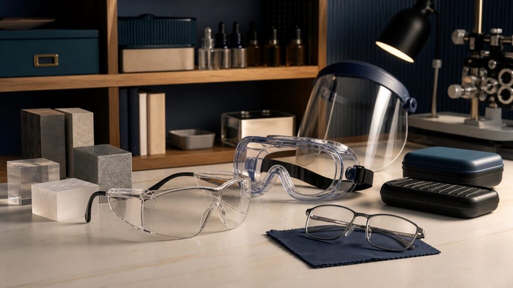 People-free editorial still life illustrating workplace eye-hazard barriers contrasted with close-task correction