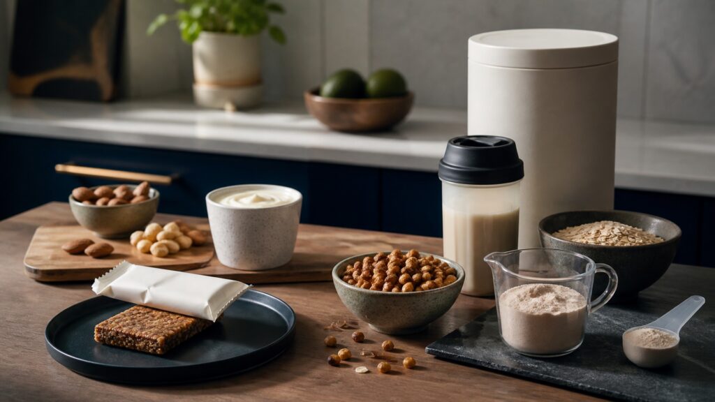 People-free editorial still life illustrating small protein addition versus meal substitution