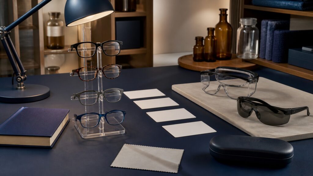 People-free editorial still life illustrating near-task clarity versus rated hazard protection