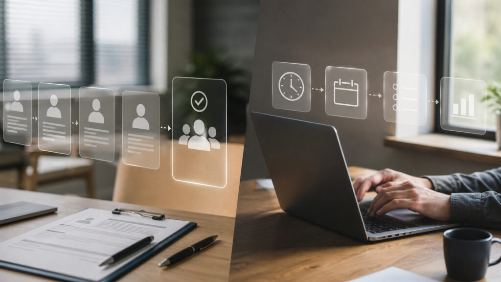 Editorial business scene illustrating recruitment software and time tracking software