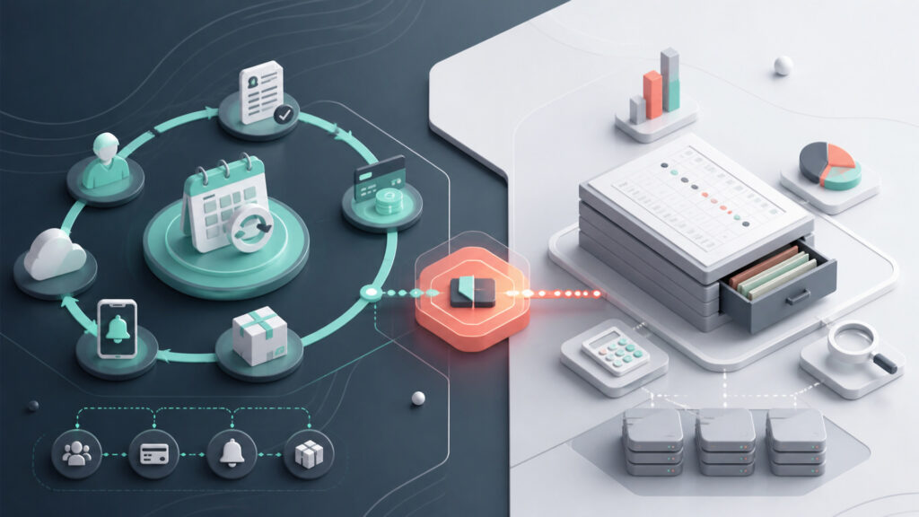 Editorial business scene illustrating recurring billing software and cloud accounting software