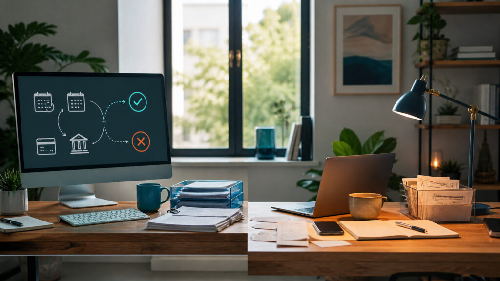 Editorial business scene illustrating recurring billing software and freelancer accounting software