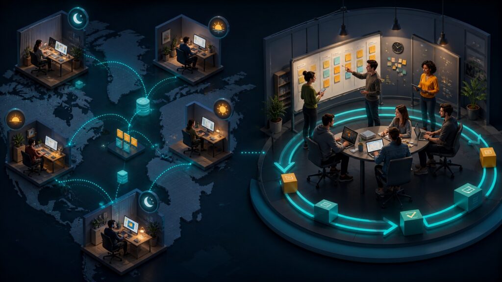 Editorial business scene illustrating remote team project management software and agile project management software