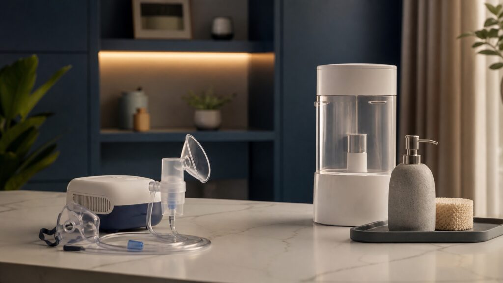 People-free editorial still life illustrating breathing support versus water and hygiene pathways