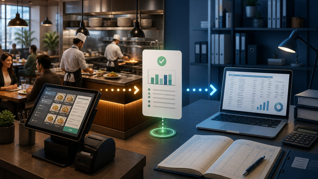 Editorial business scene illustrating restaurant pos systems and accounting software