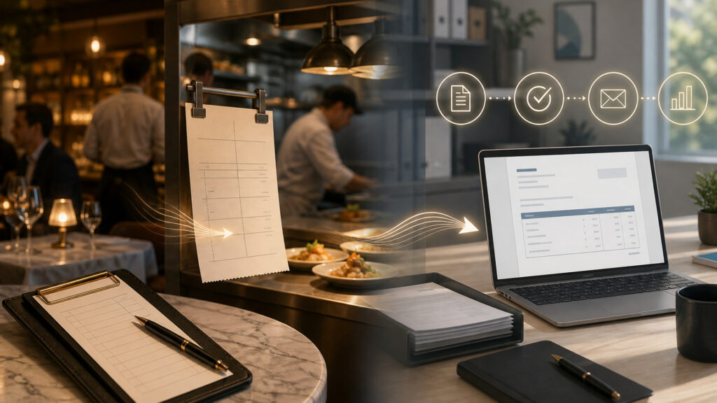 Editorial business scene illustrating restaurant pos systems and invoicing software
