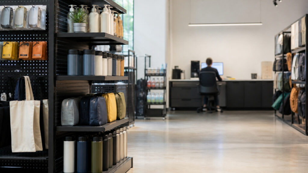 Editorial business scene illustrating retail display racks and cloud accounting software