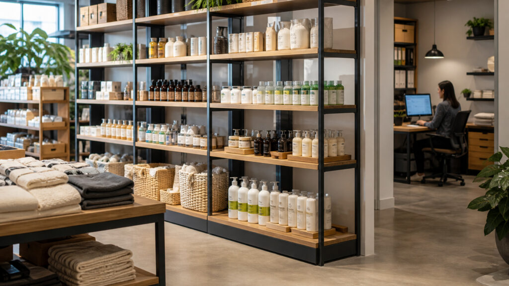 Editorial business scene illustrating retail display shelving and cloud accounting software