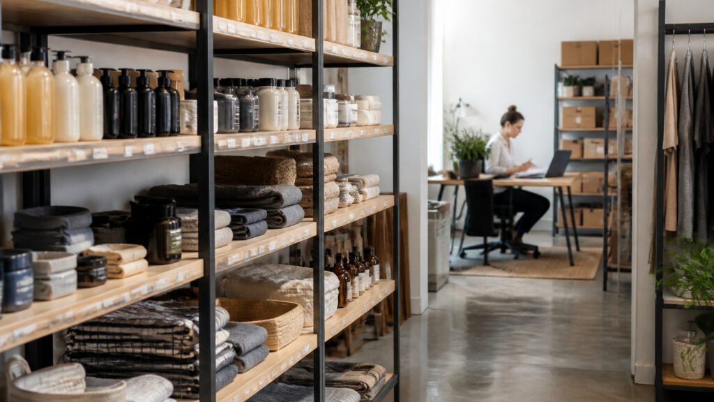 Editorial business scene illustrating retail display shelving and freelancer accounting software