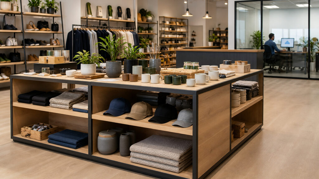 Editorial business scene illustrating retail display tables and cloud accounting software