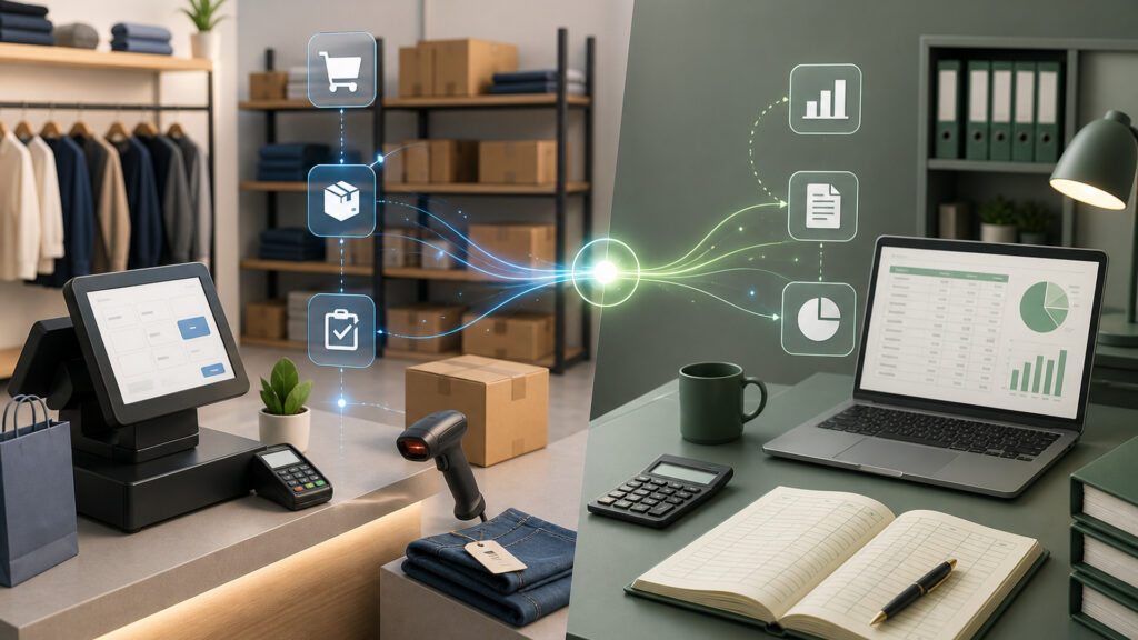Editorial business scene illustrating retail pos systems and accounting software