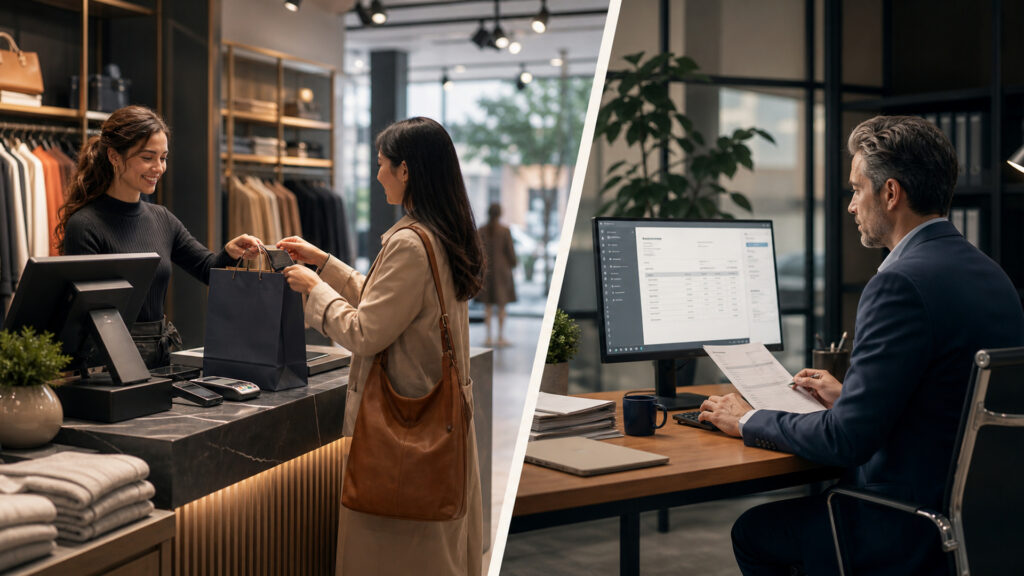 Editorial business scene illustrating retail pos systems and invoicing software