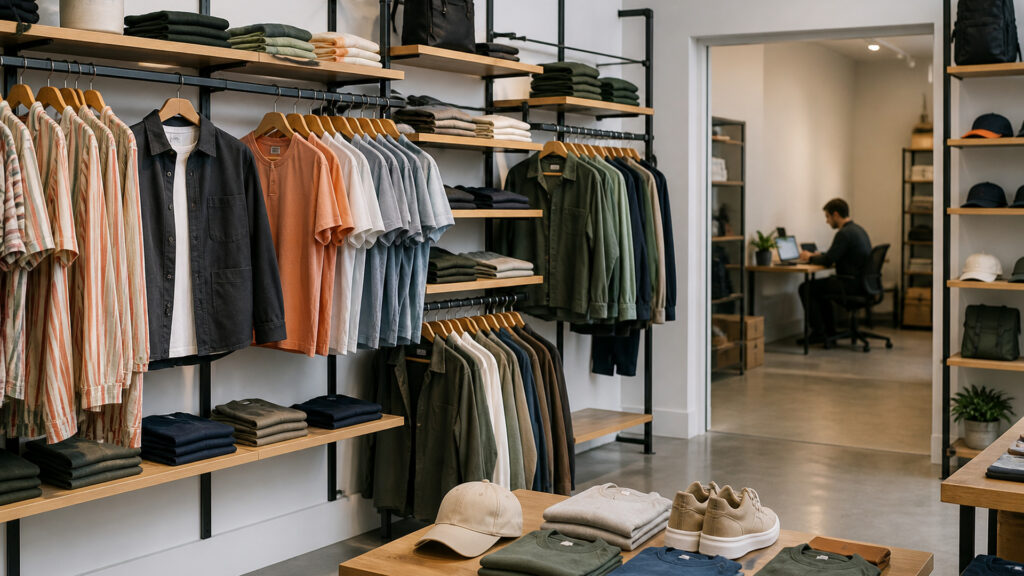 Editorial business scene illustrating retail wall systems and freelancer accounting software