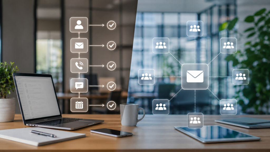 Editorial business scene illustrating sales automation software and email marketing software