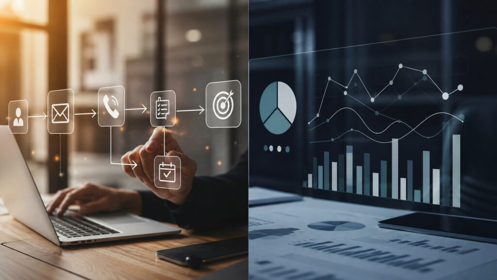 Editorial business scene illustrating sales automation software and marketing analytics platforms