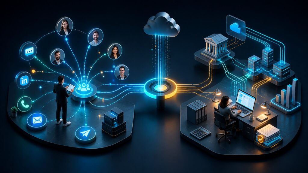 Editorial business scene illustrating sales engagement platforms and cloud accounting software