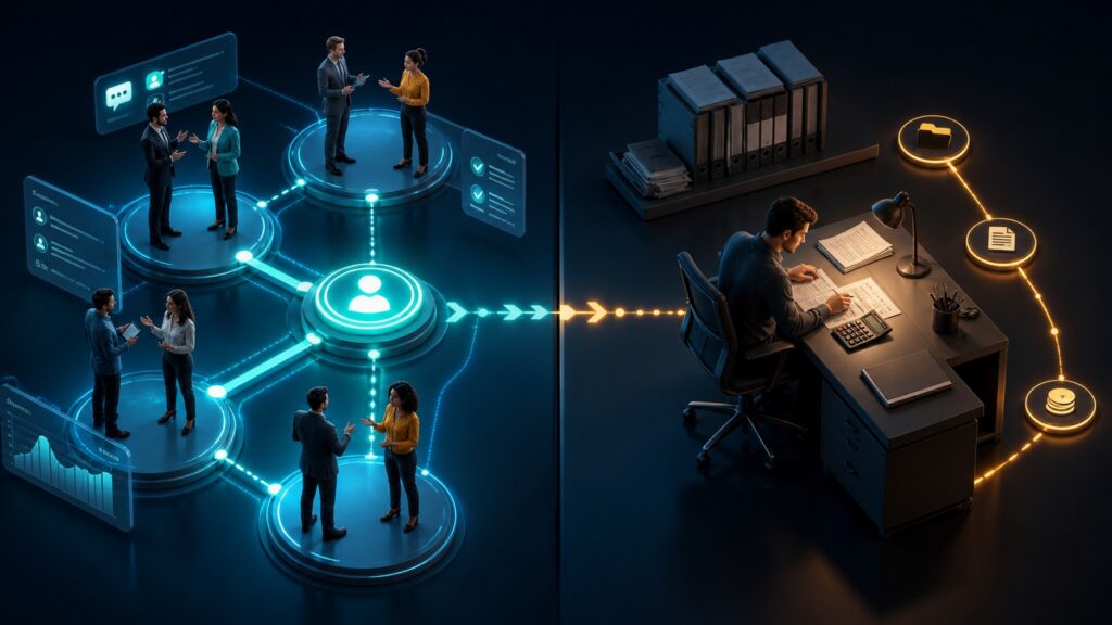 Editorial business scene illustrating sales engagement platforms and freelancer accounting software